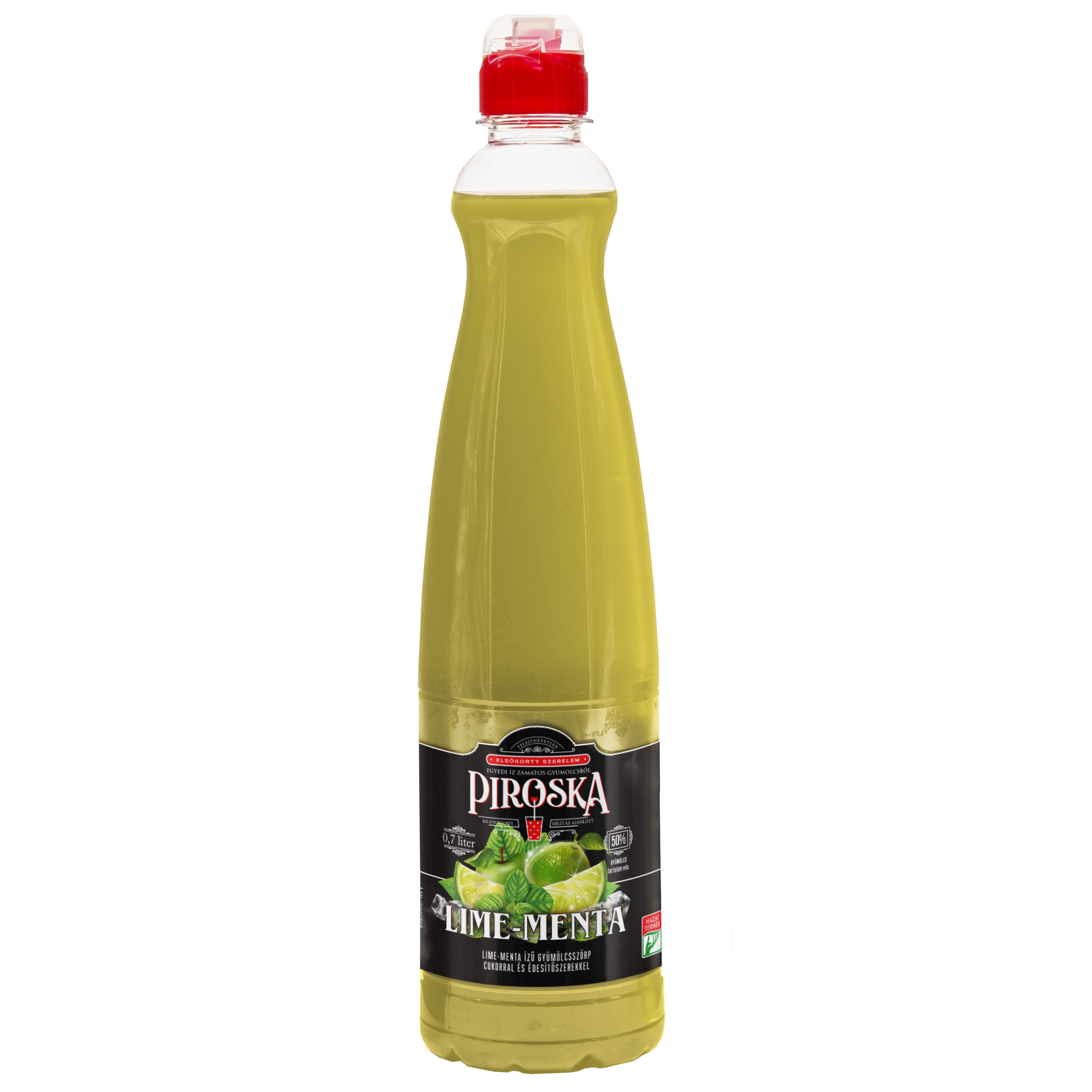 PIROSKA Lime-Menta ízű gyümölcsszörp cukorral és édesítőszerekkel 0,7 L