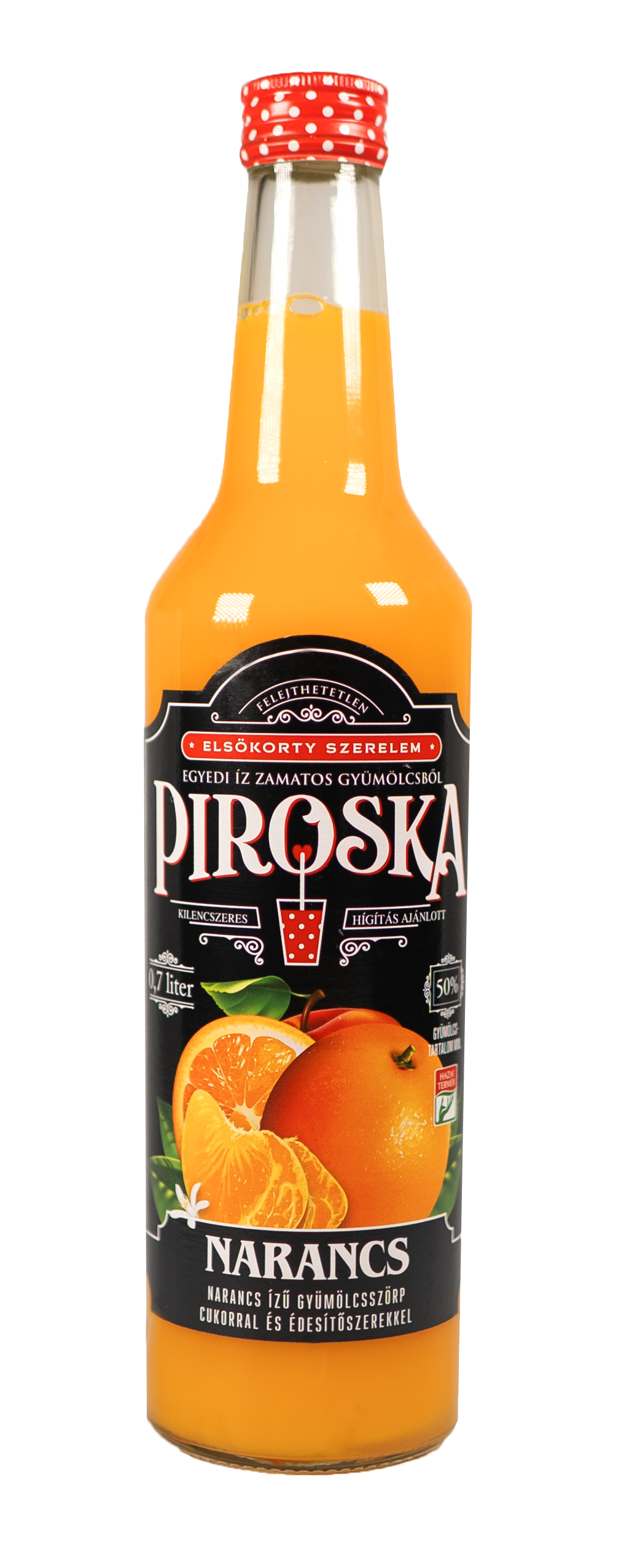 Piroska narancs ízű gyümölcsszörp cukorral és édesítőszerekkel