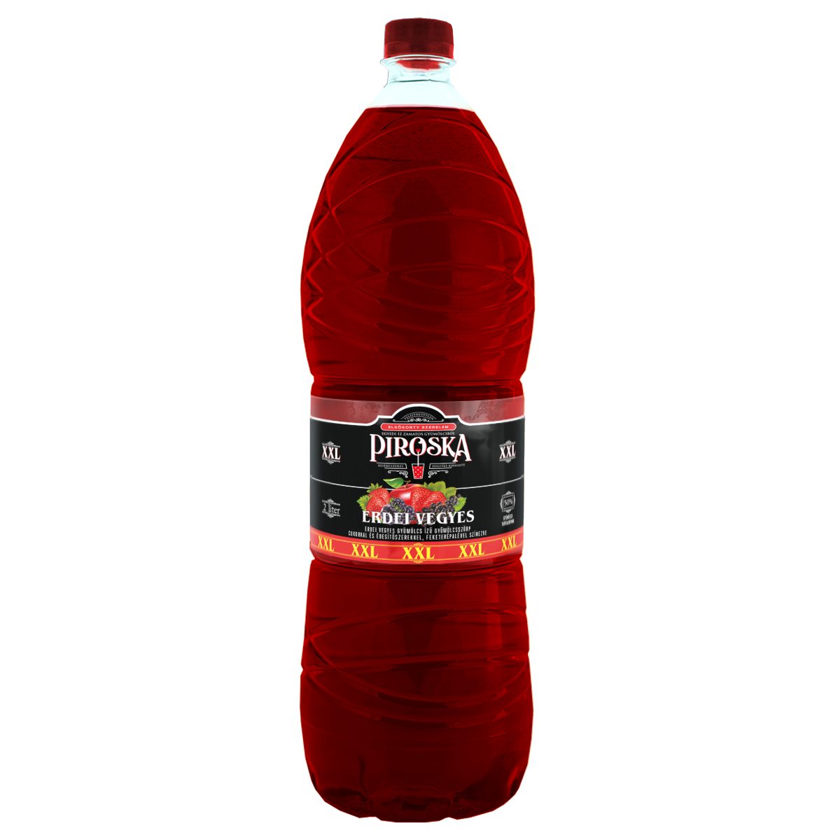 Piroska XXL erdei vegyes gyümölcs ízű gyümölcsszörp cukorral és édesítőszerrel, feketerépalével színezve 2L