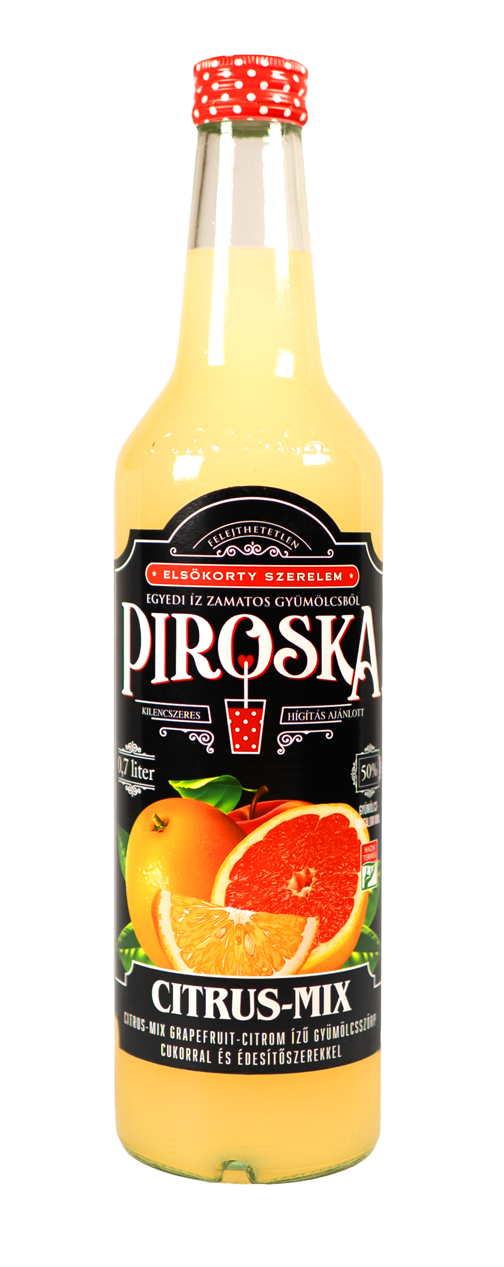 Piroska citrus-mix ízű gyümölcsszörp cukorral és édesítőszerekkel