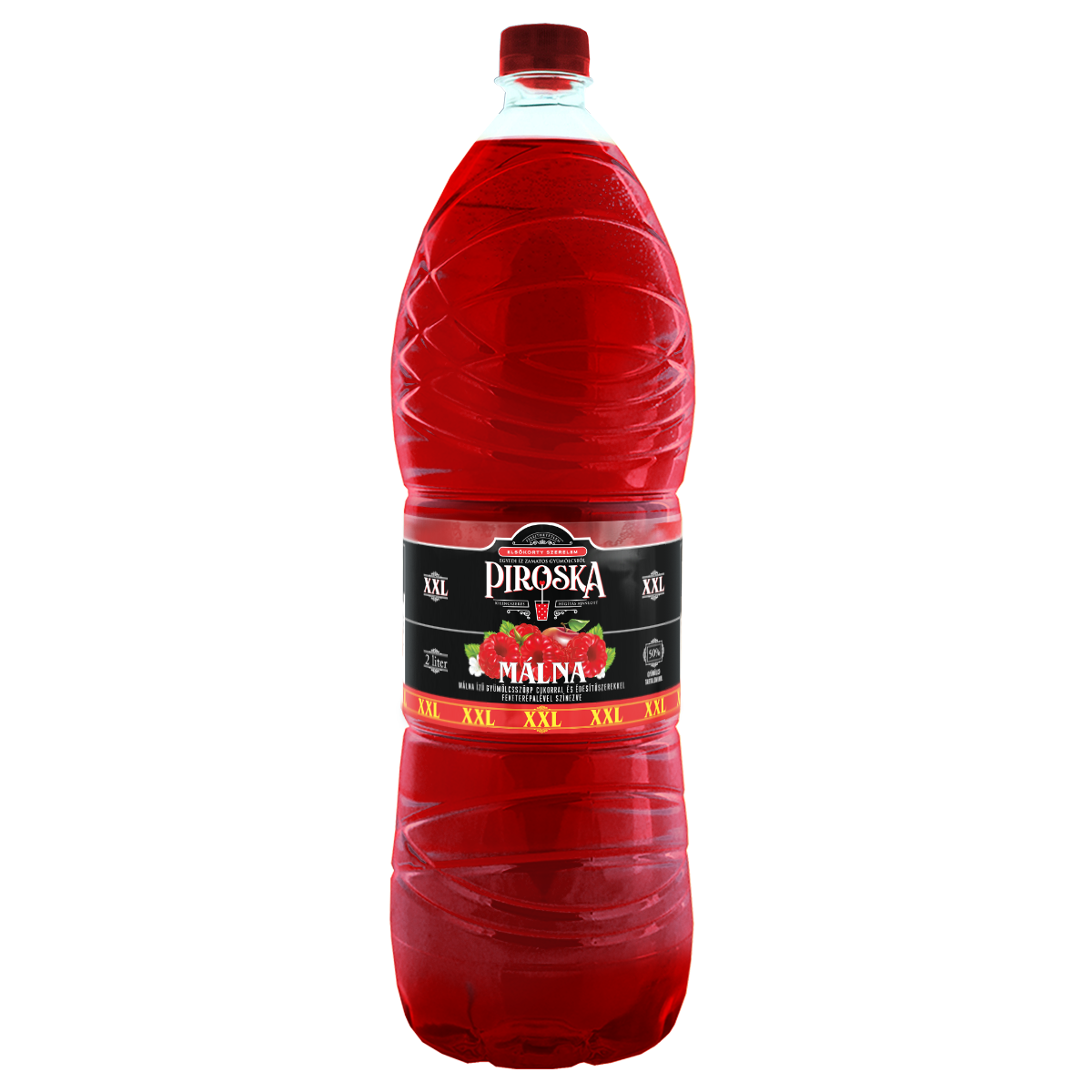 Piroska XXL málna ízű gyümölcsszörp cukorral és édesítőszerekkel feketerépalével színezve 2L