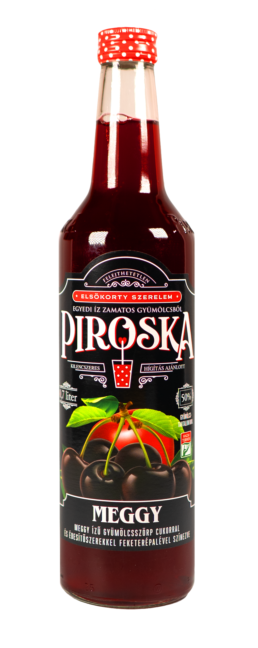 Piroska meggy ízű gyümölcsszörp cukorral és édesítőszerekkel 0,7 l