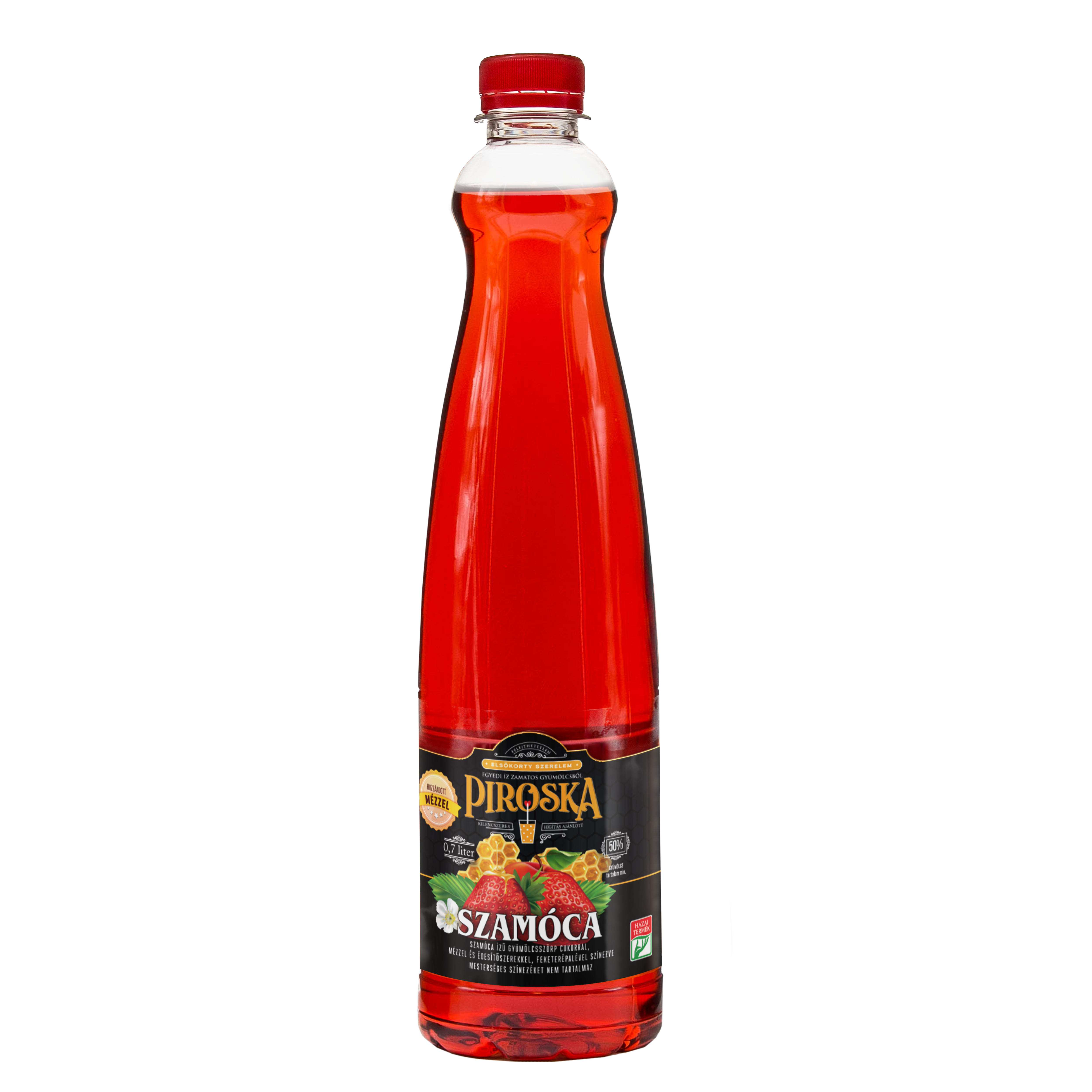 Piroska szamóca ízű gyümölcsszörp cukorral, mézzel és édesítőszerekkel 0,7l