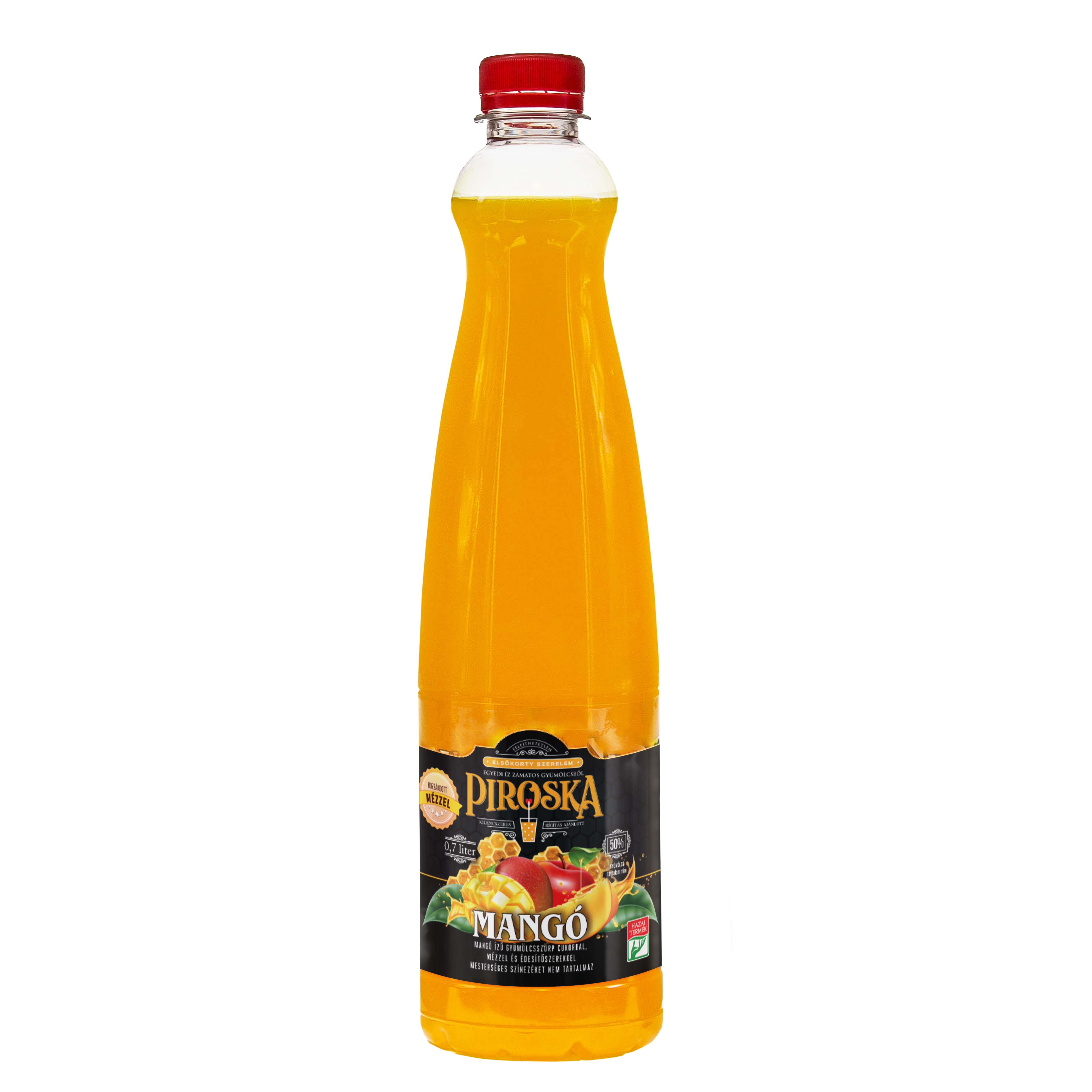 Piroska mangó ízű gyümölcsszörp cukorral, mézzel és édesítőszerekkel 0,7l