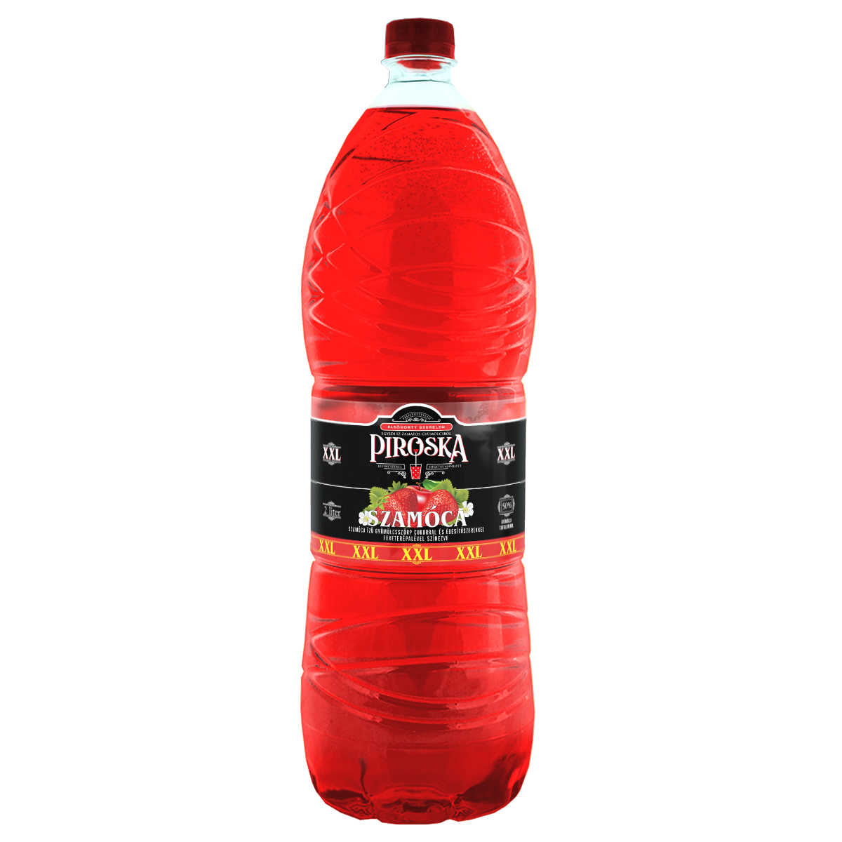 Piroska XXL szamóca ízű gyümölcsszörp cukorral és édesítőszerekkel feketerépalével színezve 2L