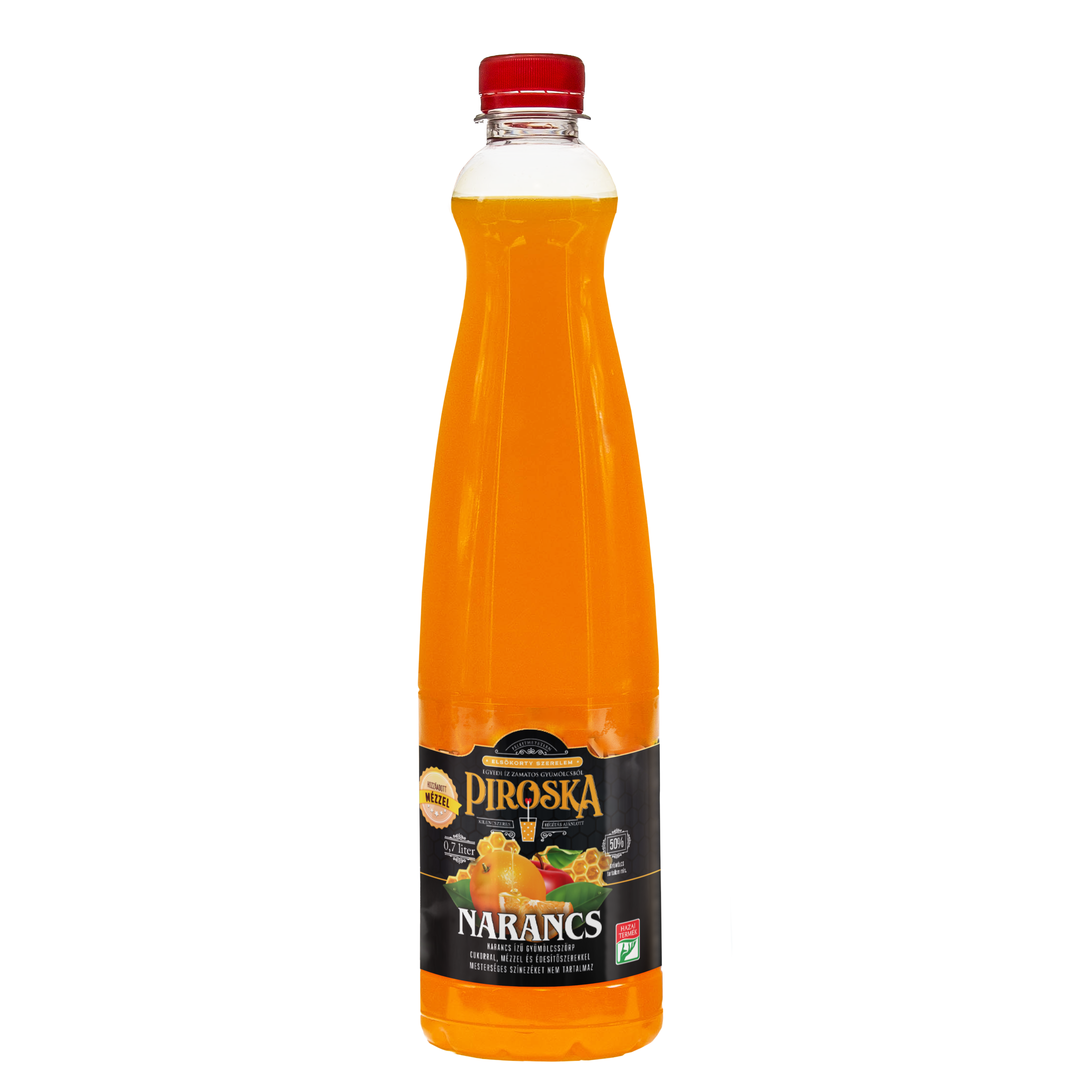 Piroska narancs ízű gyümölcsszörp cukorral, mézzel és édesítőszerekkel 0,7l
