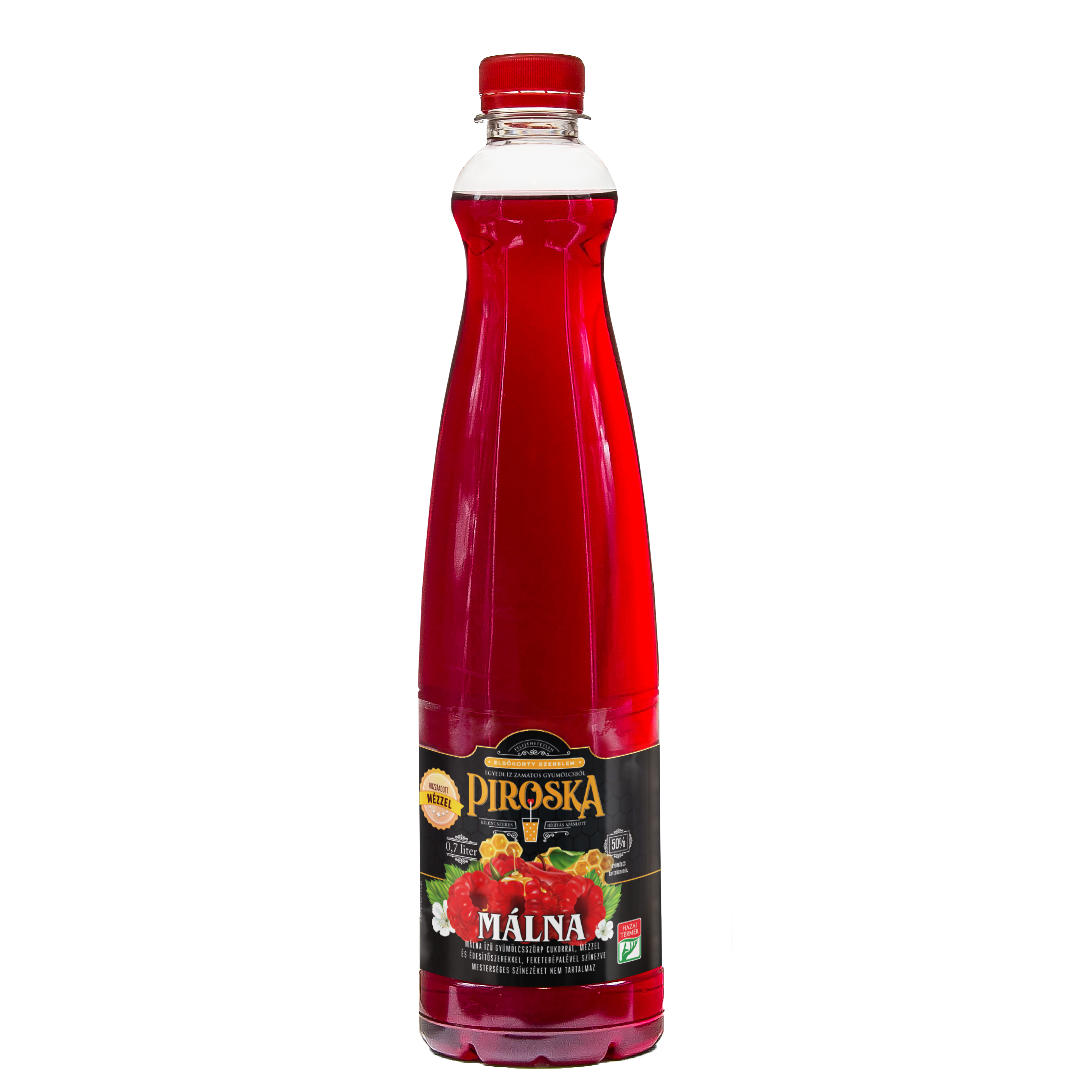 Piroska málna ízű gyümölcsszörp cukorral, mézzel és édesítőszerekkel 0,7l