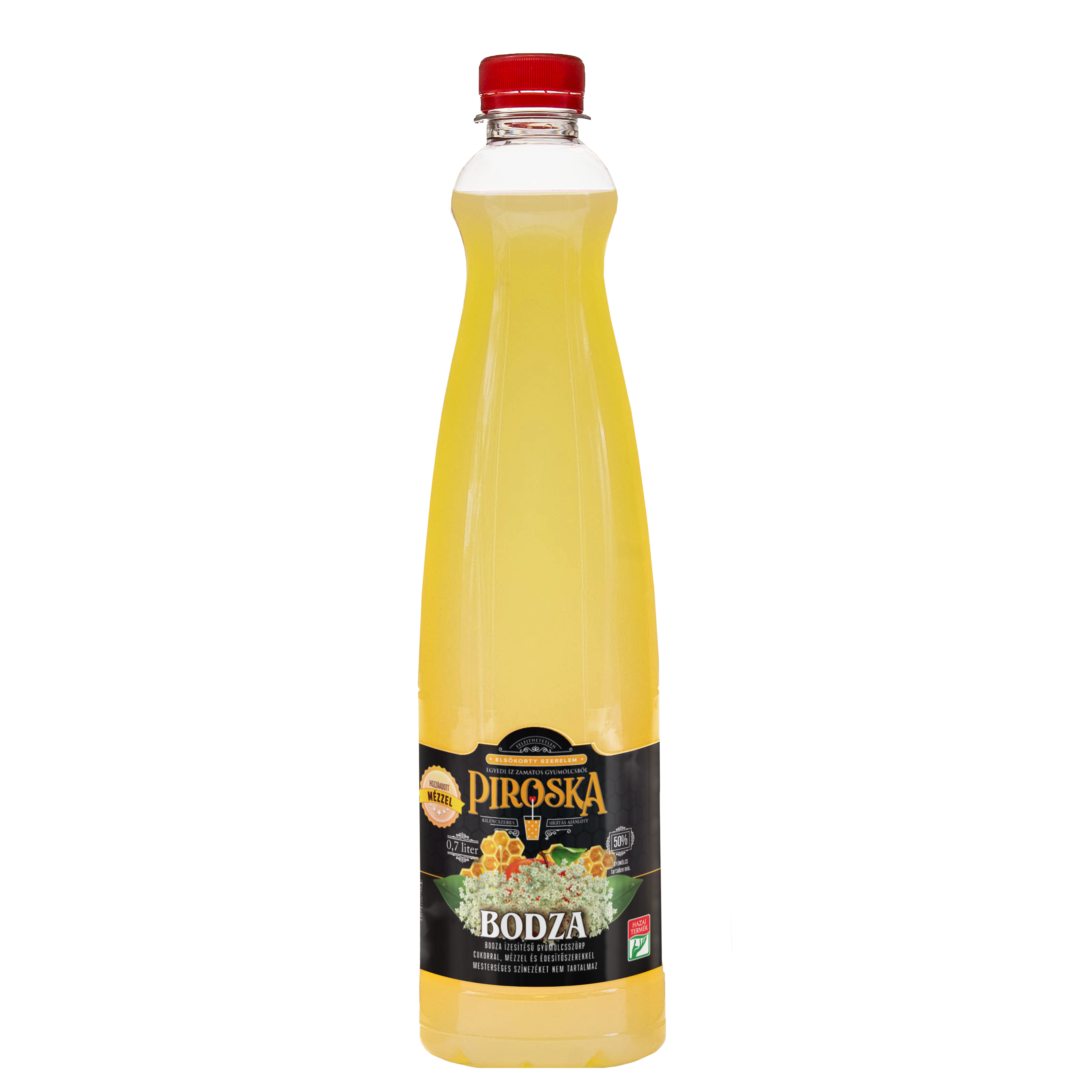 Piroska bodza ízesítésű gyümölcsszörp cukorral, mézzel és édesítőszerekkel 0,7l