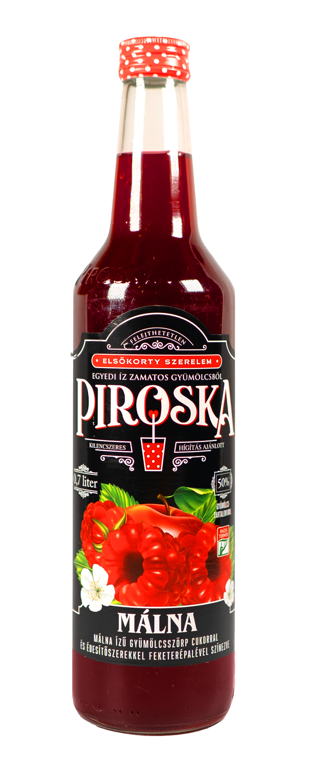 Piroska málna ízű gyümölcsszörp cukorral és édesítőszerekkel 0,7 l