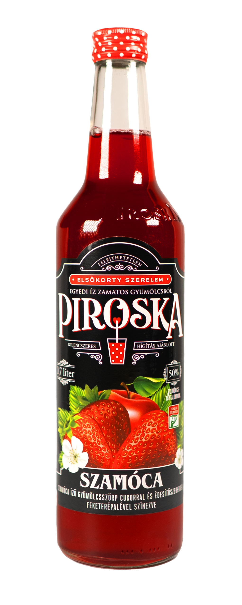 Piroska szamóca ízű gyümölcsszörp cukorral és édesítőszerekkel 0,7 l