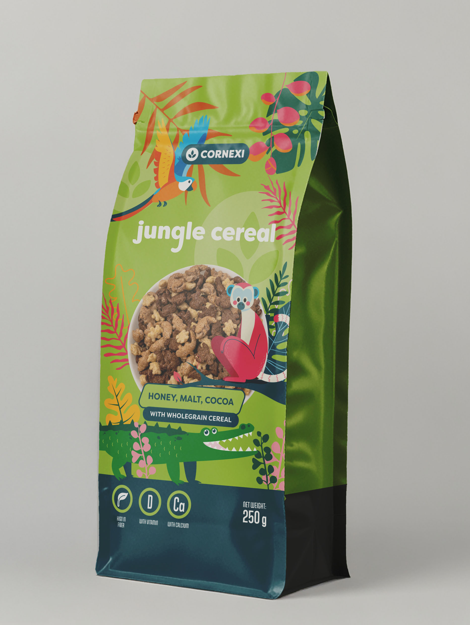 Cornexi Dzsungel mézes, malátás, kakaós gabonapehely, teljes kiőrlésű gabonával, kalciummal és D-vitaminnal 250g
