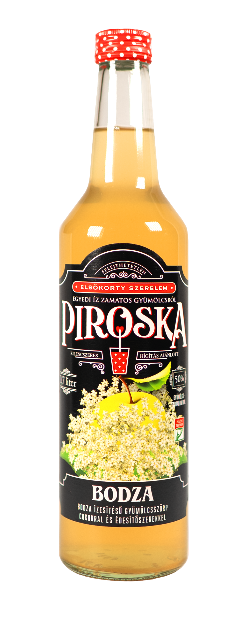 Piroska bodza ízű gyümölcsszörp cukorral és édesítőszerekkel 0,7 l